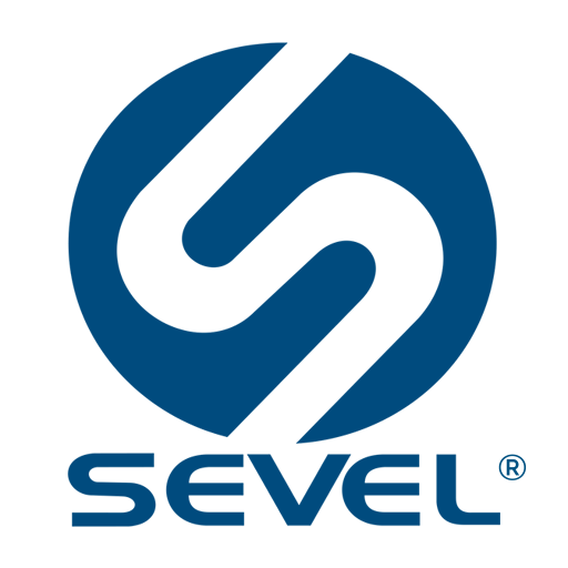 Logo SEVEL — símbolo circular azul com forma estilizada em S, identidade visual da empresa de inspeção veicular